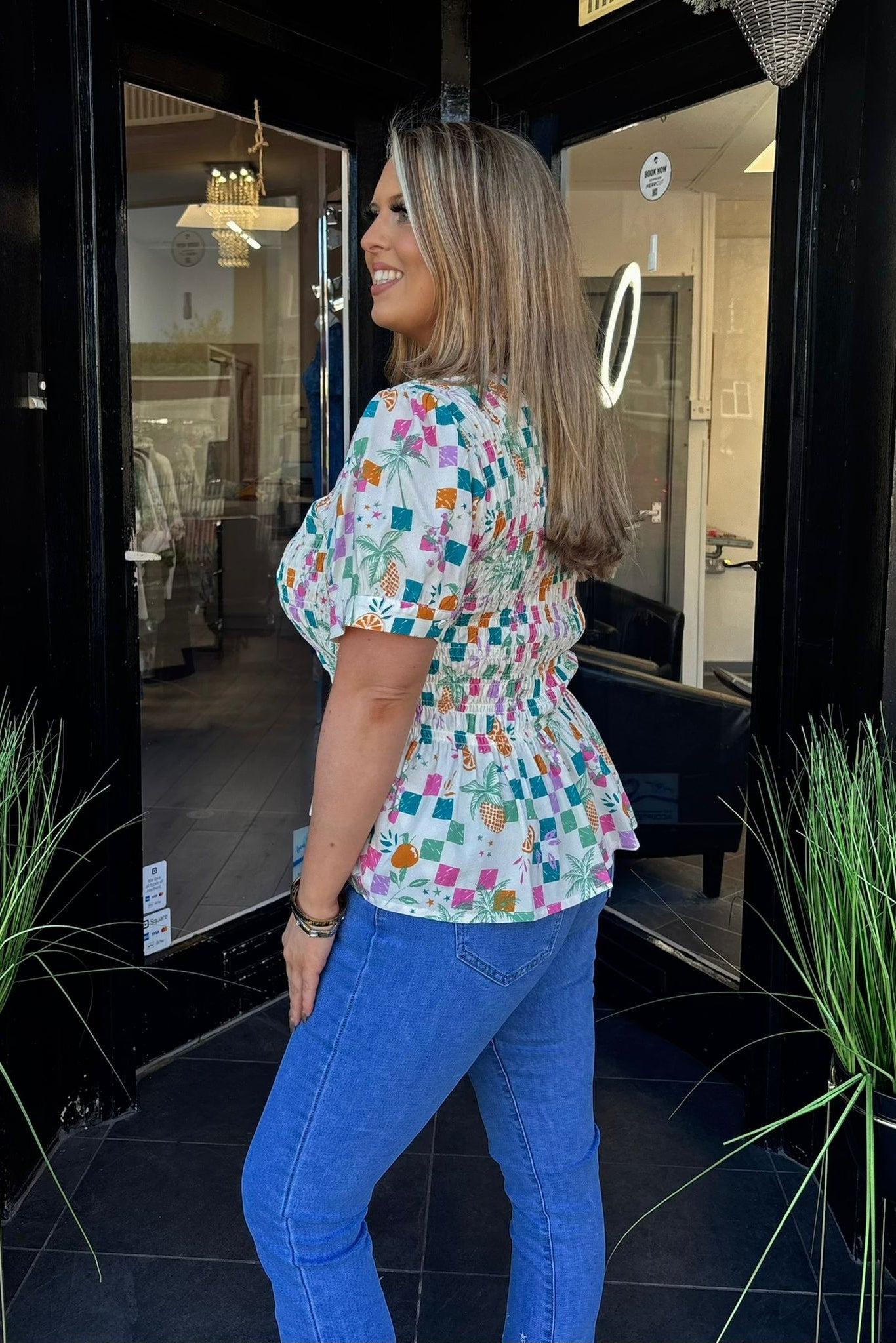 Sugarhill Brighton Mixed Fruit Checkerboard Shirred Top