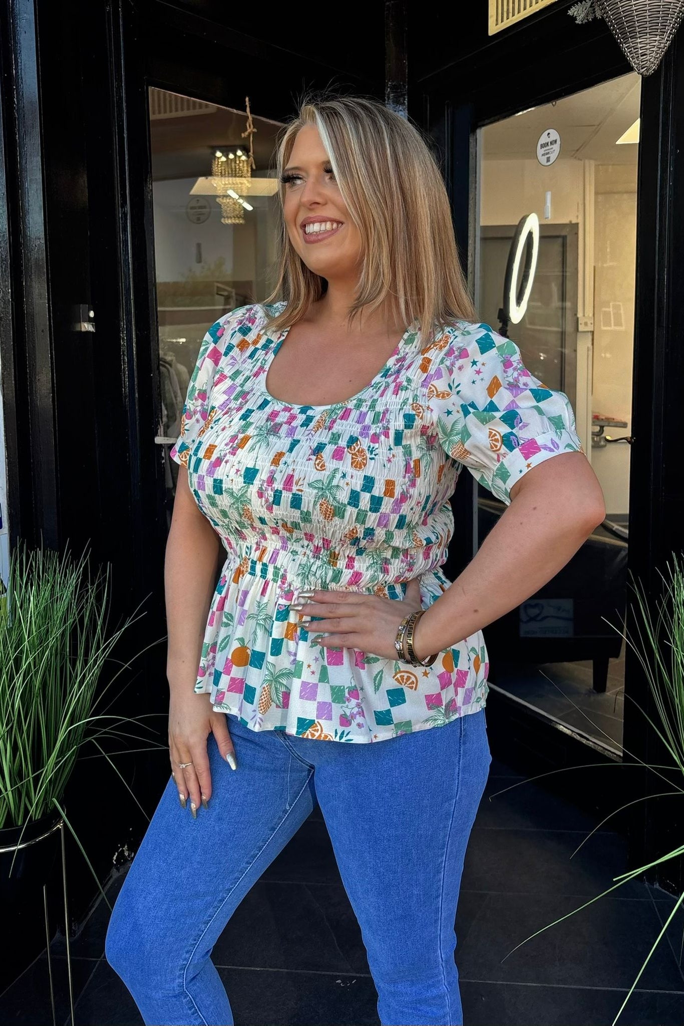 Sugarhill Brighton Mixed Fruit Checkerboard Shirred Top