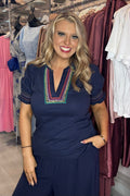 Sugarhill Brighton Navy Blue & Rainbow Embroidered Border Blouse