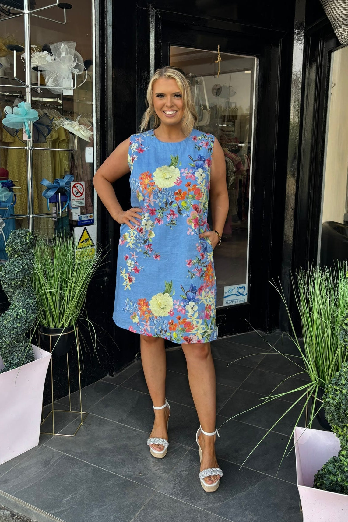 Pomodoro Blue Floral Tropical Shift Dress