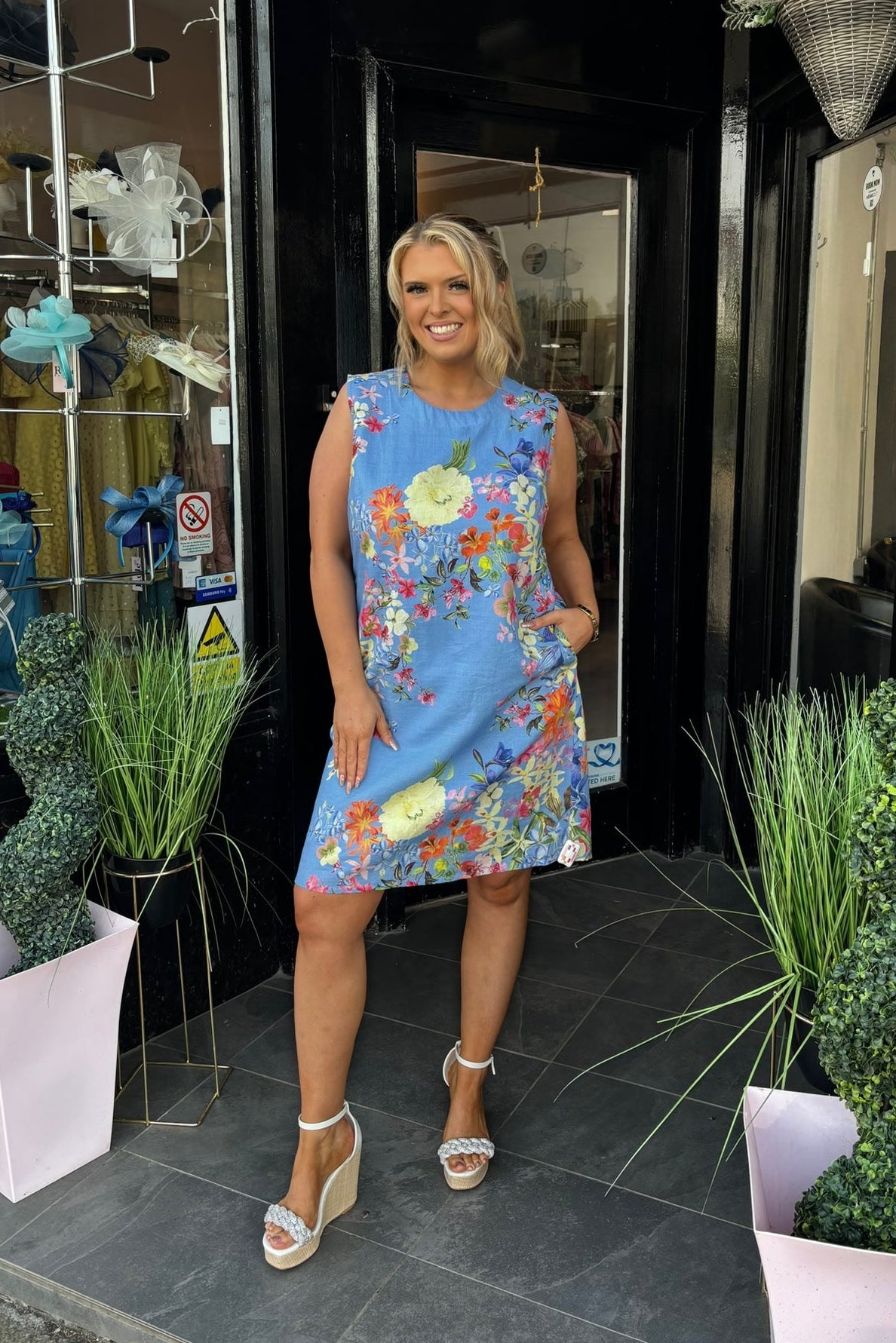 Pomodoro Blue Floral Tropical Shift Dress