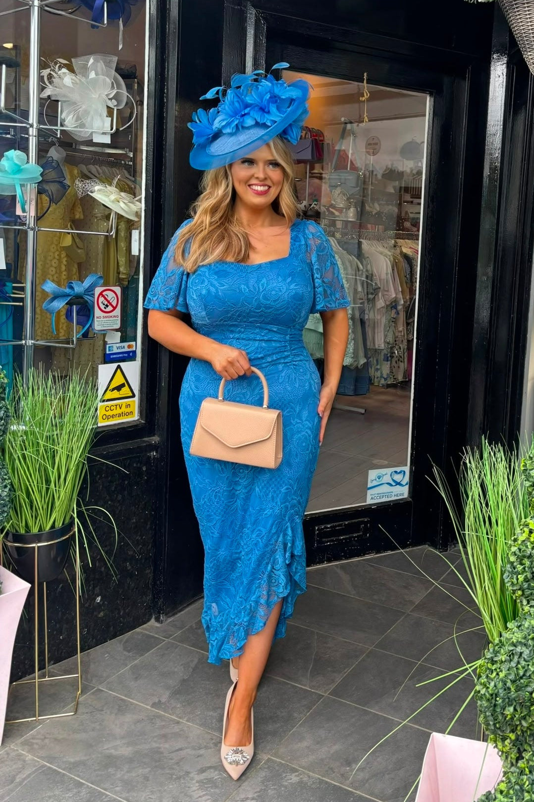 Mid Blue Lace Asymmetric Frill Midi Dress