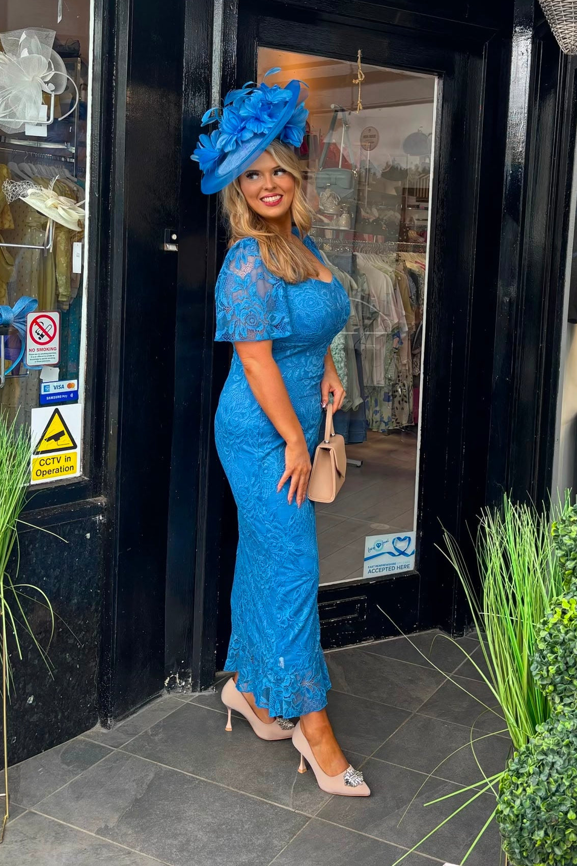 Mid Blue Lace Asymmetric Frill Midi Dress