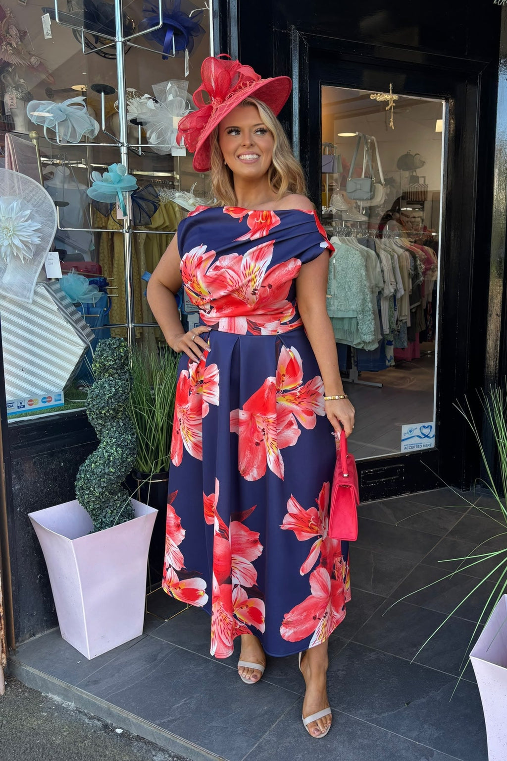 Navy Blue & Coral Orange Floral Asymmetric Neckline A Line Midi Dress