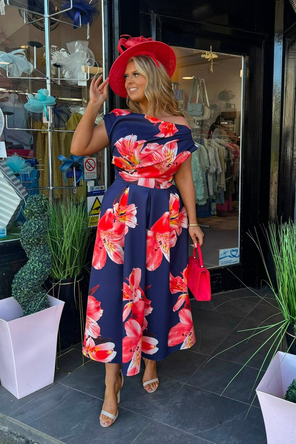 Navy Blue & Coral Orange Floral Asymmetric Neckline A Line Midi Dress