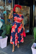 Navy Blue & Coral Orange Floral Asymmetric Neckline A Line Midi Dress