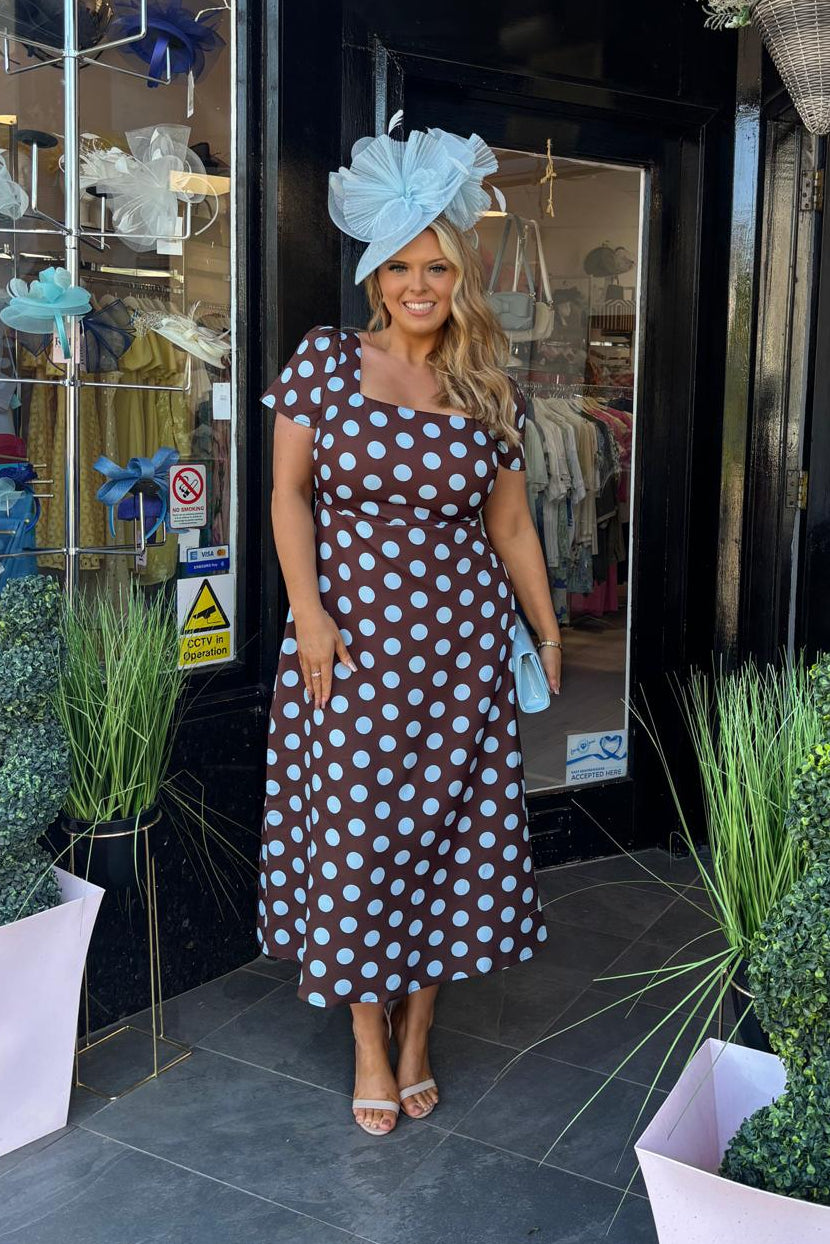 Chocolate Brown & Blue Polka Dot Midi Dress