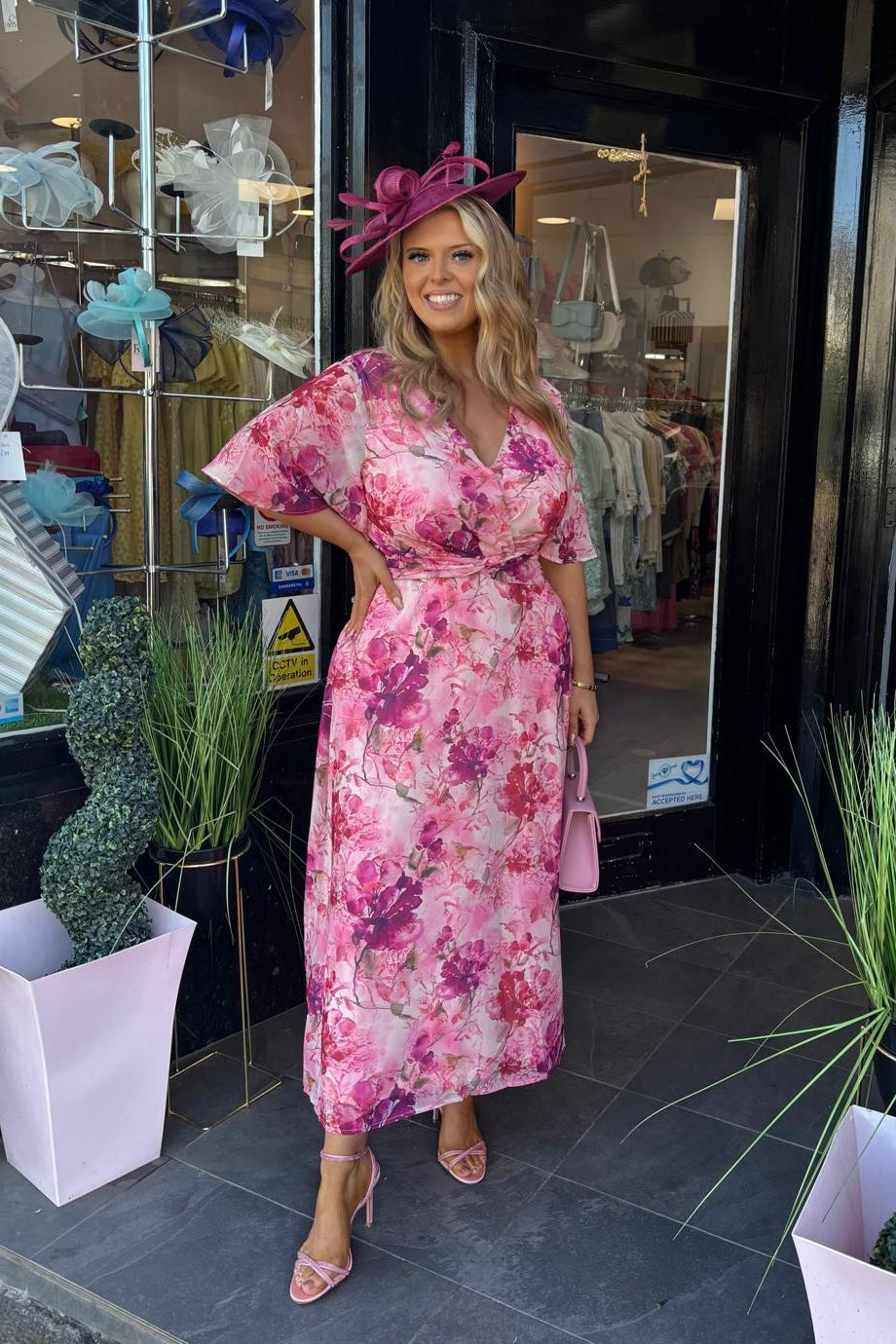 Mixed Pink Tone Floral Twist Front Midi Dress