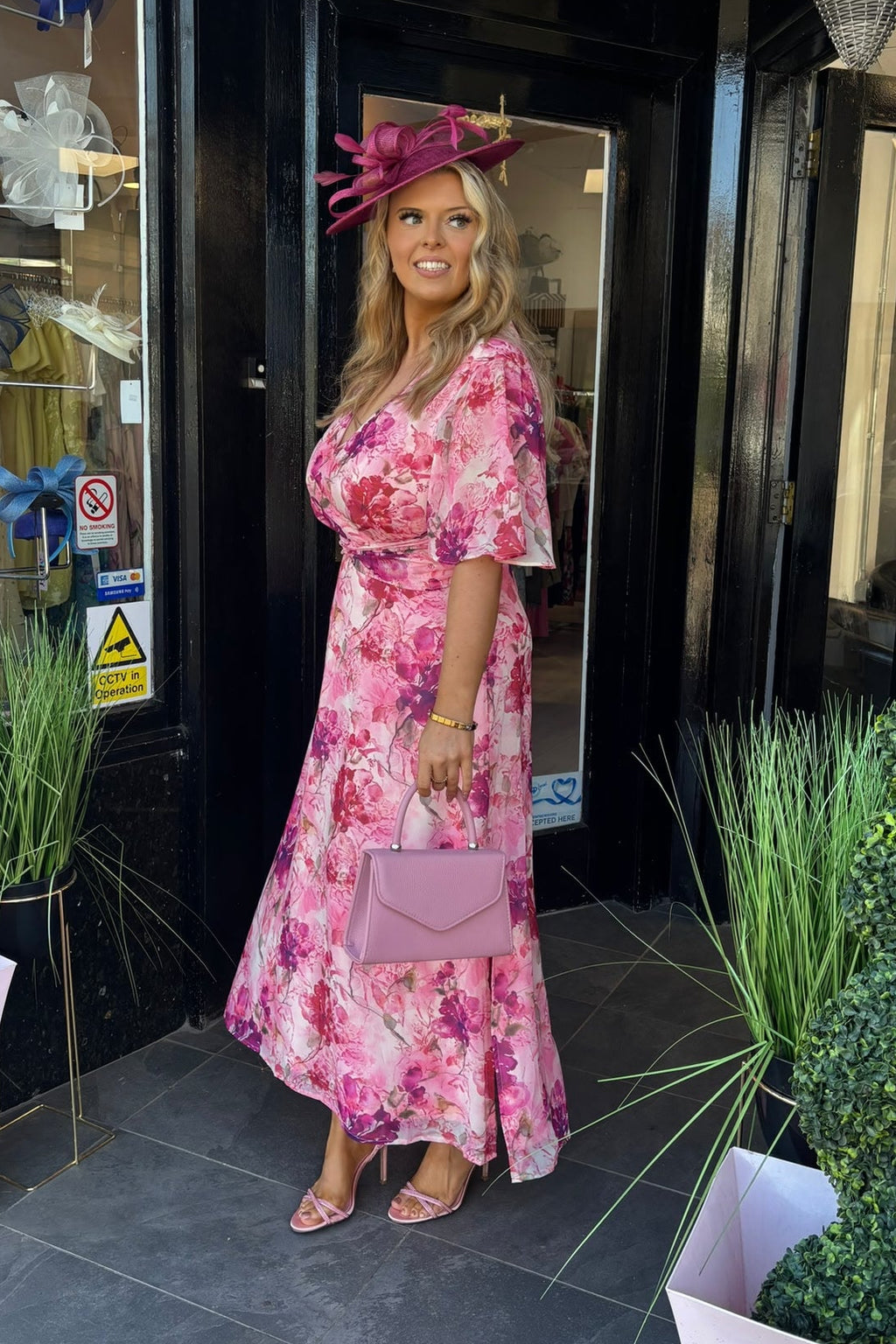 Mixed Pink Tone Floral Twist Front Midi Dress