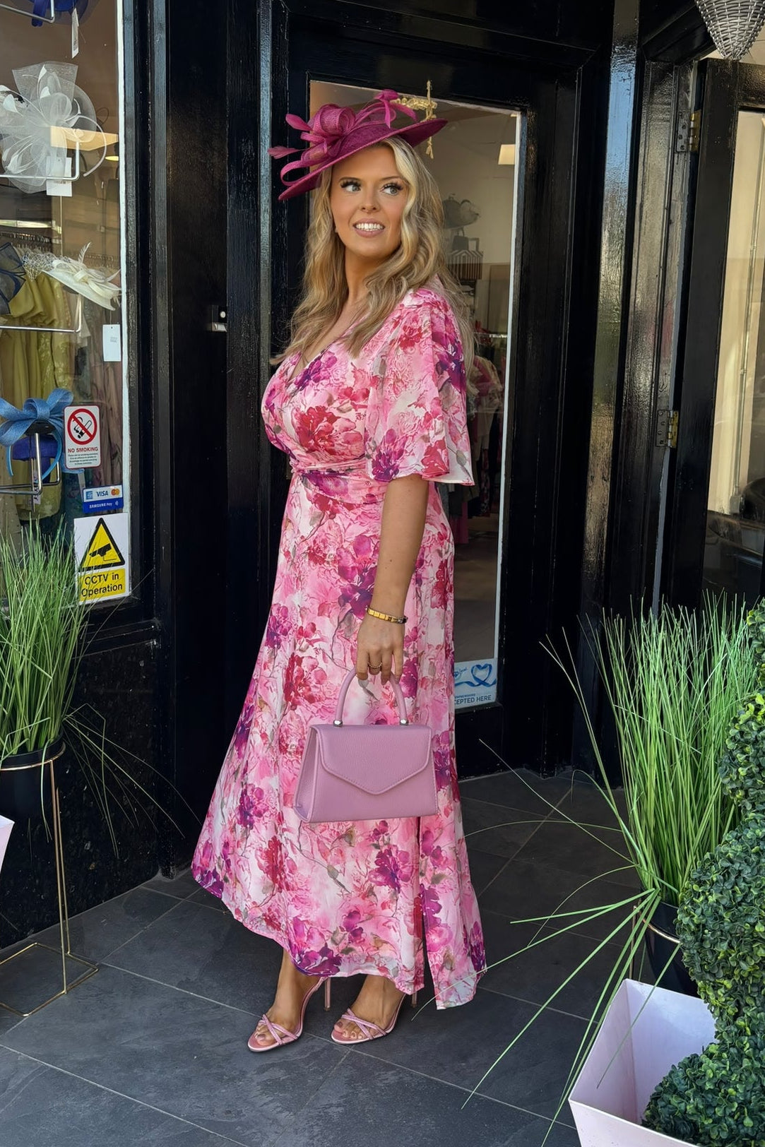 Mixed Pink Tone Floral Twist Front Midi Dress