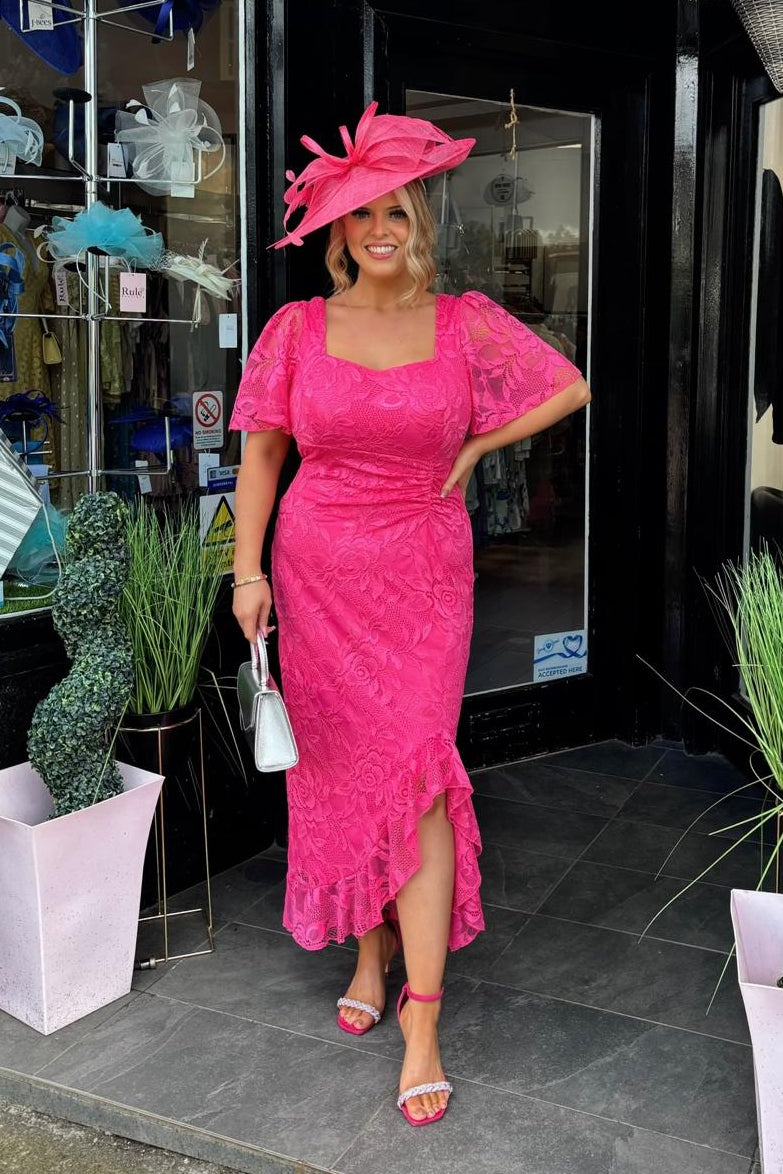 Hot Pink Lace Asymmetric Frill Midi Dress