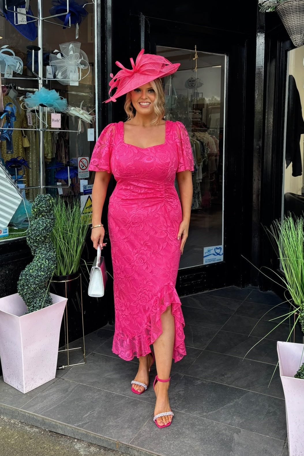 Hot Pink Lace Asymmetric Frill Midi Dress