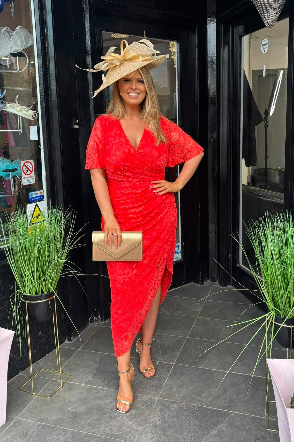 Hot Orange Lace Asymmetric Midi Dress