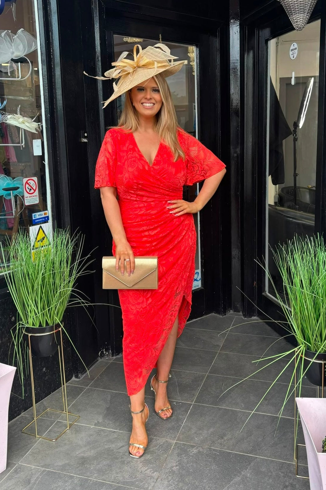 Hot Orange Lace Asymmetric Midi Dress