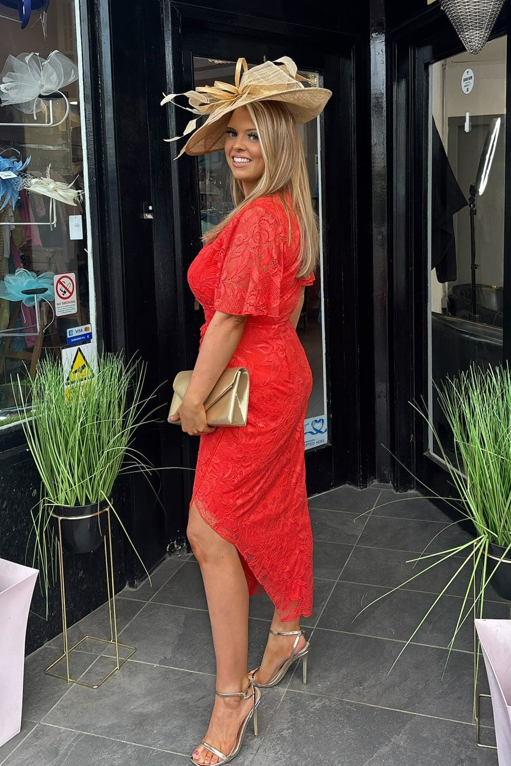 Hot Orange Lace Asymmetric Midi Dress