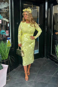 Lemon Yellow Embroidered Floral Fitted Midi Dress