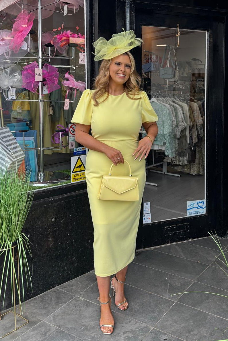 Lemon Yellow Puff Sleeve Pencil Midi Dress