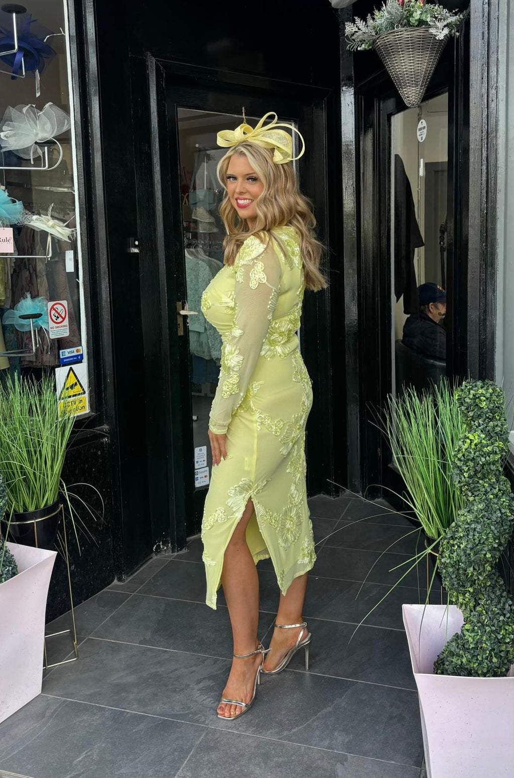 Lemon Yellow Embroidered Floral Fitted Midi Dress