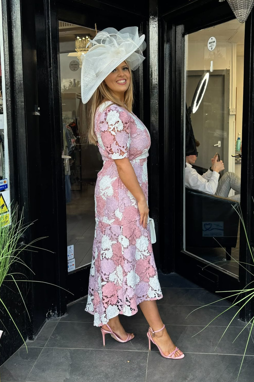 Dusky Pink & White Floral Guipure Lace Midi Dress