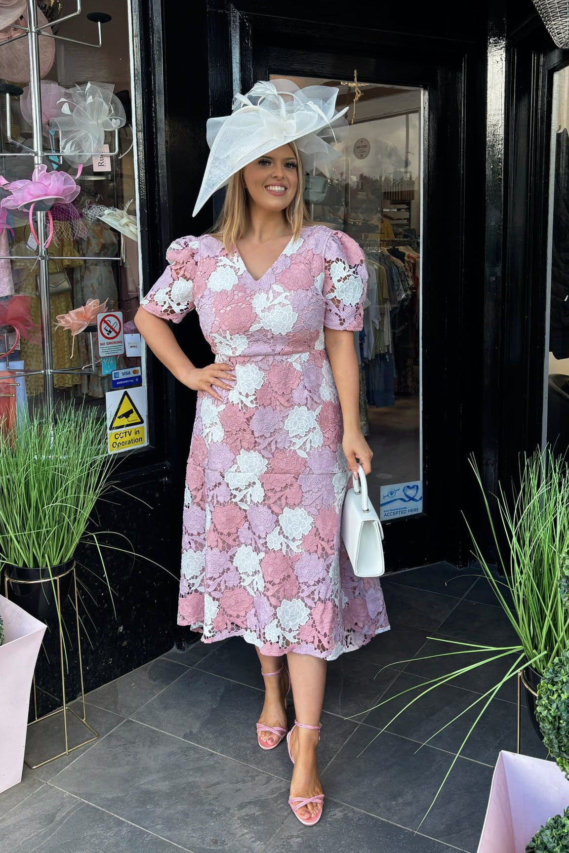 Dusky Pink & White Floral Guipure Lace Midi Dress