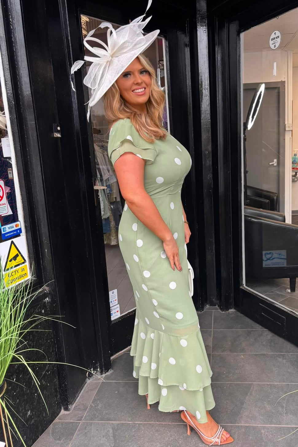 Sage Green & White Polka Dot Fishtail Midi Dress