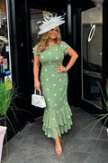 Sage Green & White Polka Dot Fishtail Midi Dress