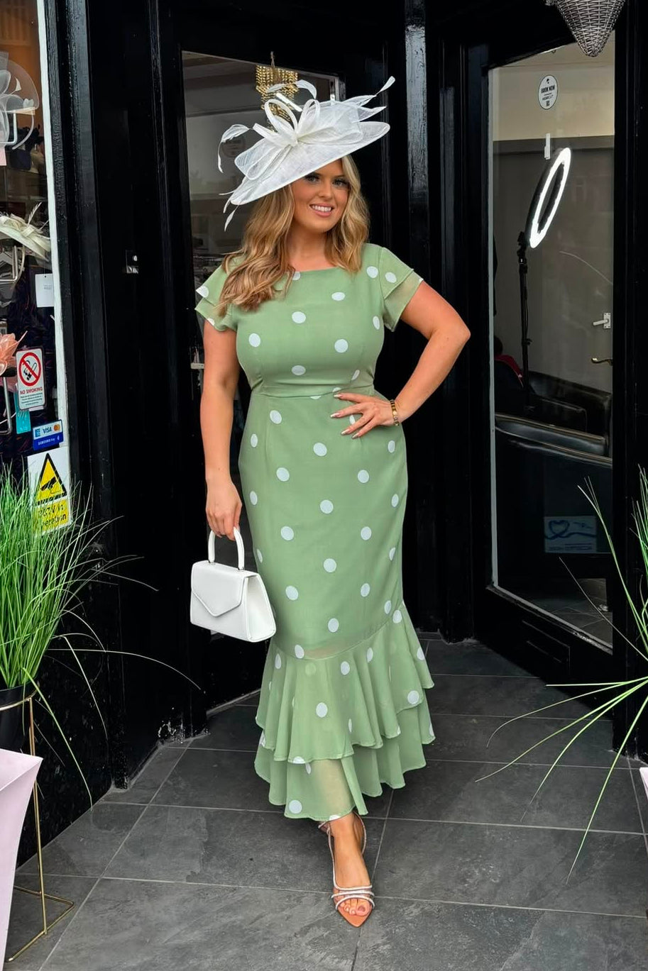 Sage Green & White Polka Dot Fishtail Midi Dress