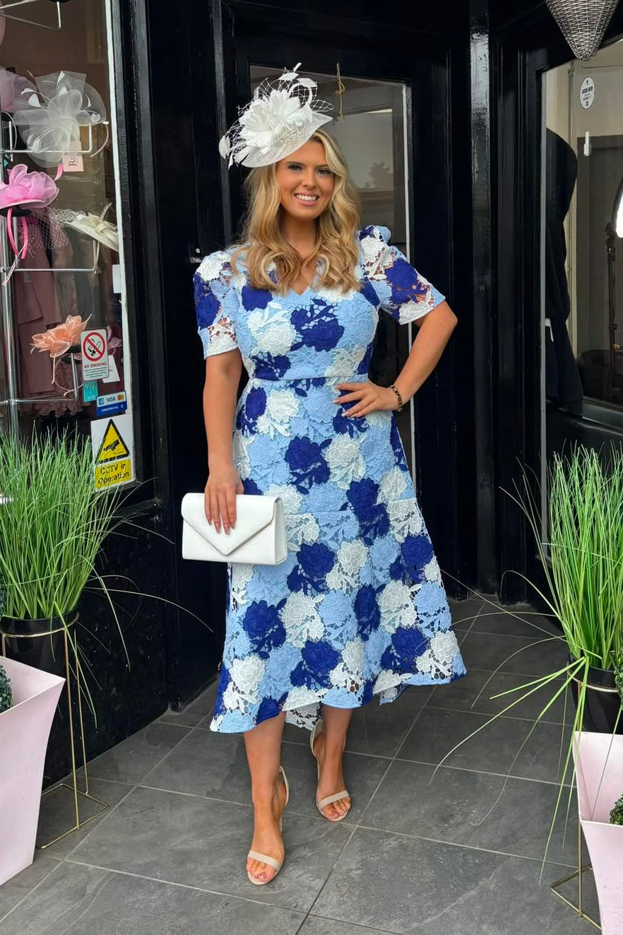 Mixed Blue Tone Floral Guipure Lace Midi Dress