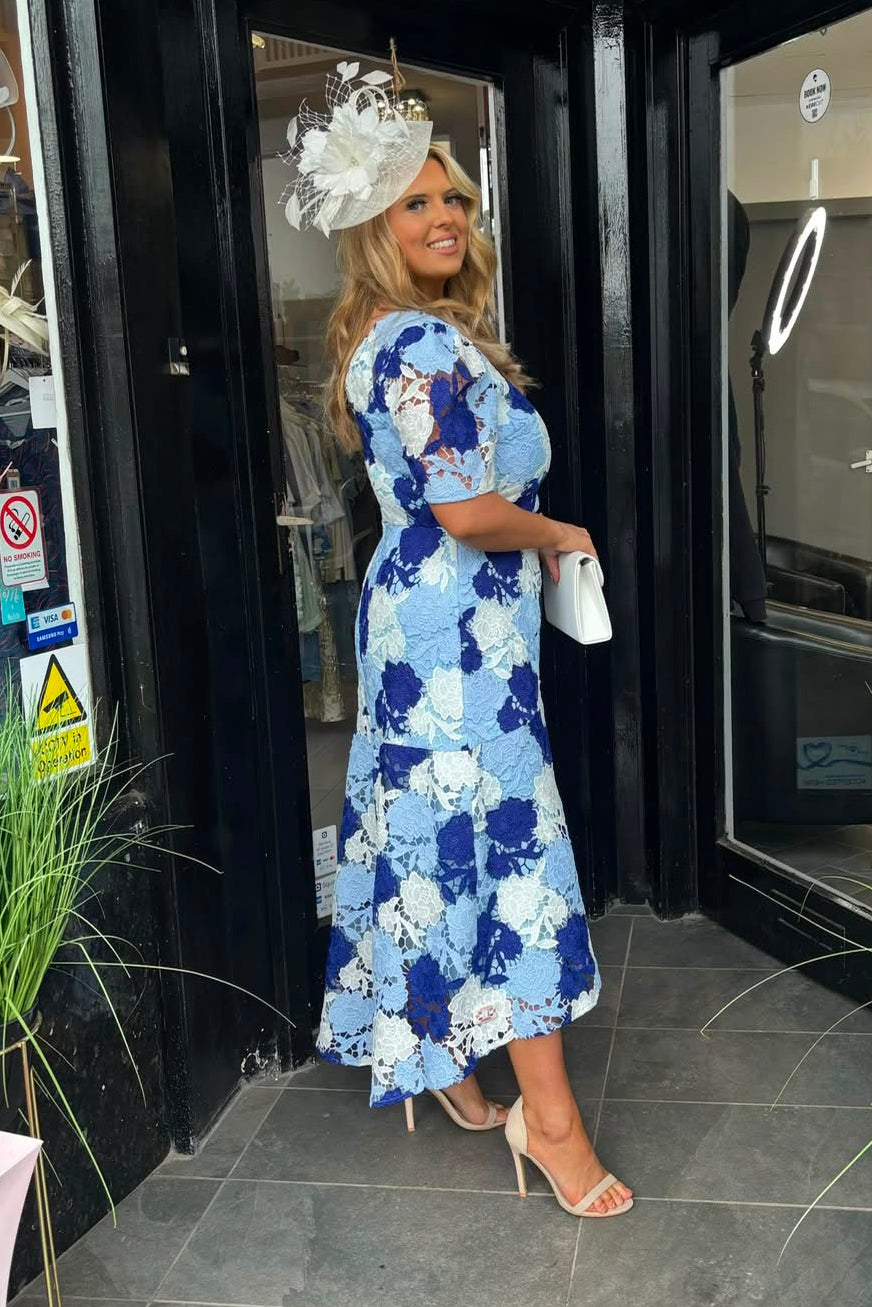 Mixed Blue Tone Floral Guipure Lace Midi Dress