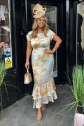 Mixed Orange Tone Abstract Fishtail Midi Dress