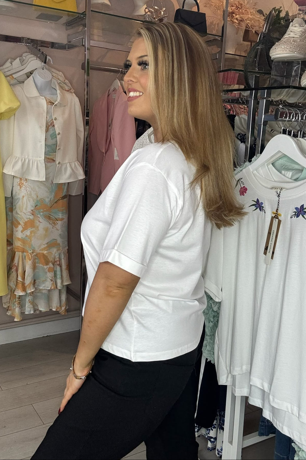 Sugarhill Brighton White & Multi Floral Embroidered Neckline T-Shirt