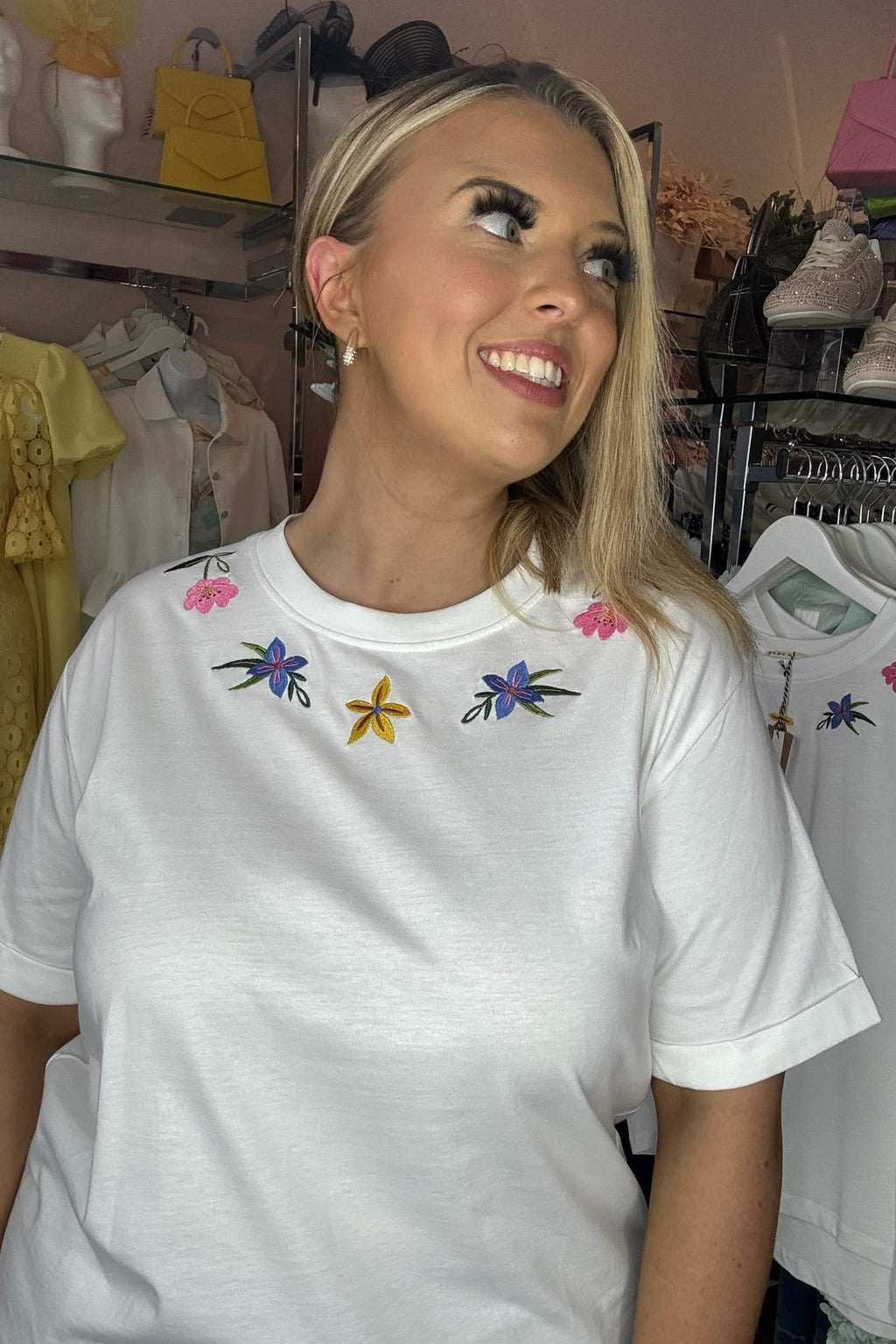Sugarhill Brighton White & Multi Floral Embroidered Neckline T-Shirt