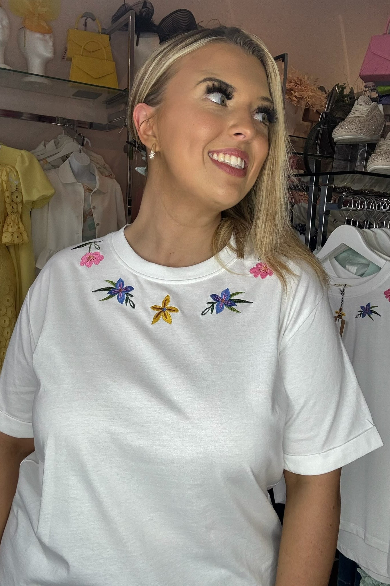 Sugarhill Brighton White & Multi Floral Embroidered Neckline T-Shirt