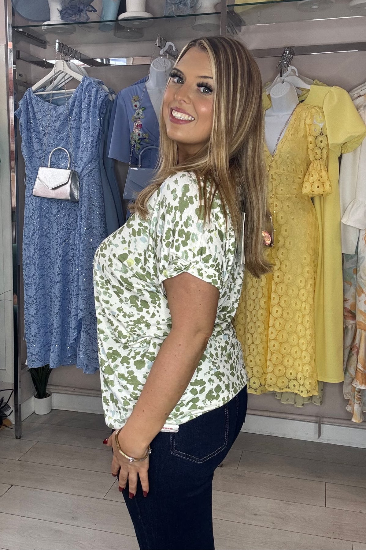Yest Mixed Green Tone Printed Bubble Hem Top