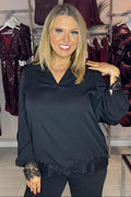 Fransa Black Lace Trim V Neck Blouse