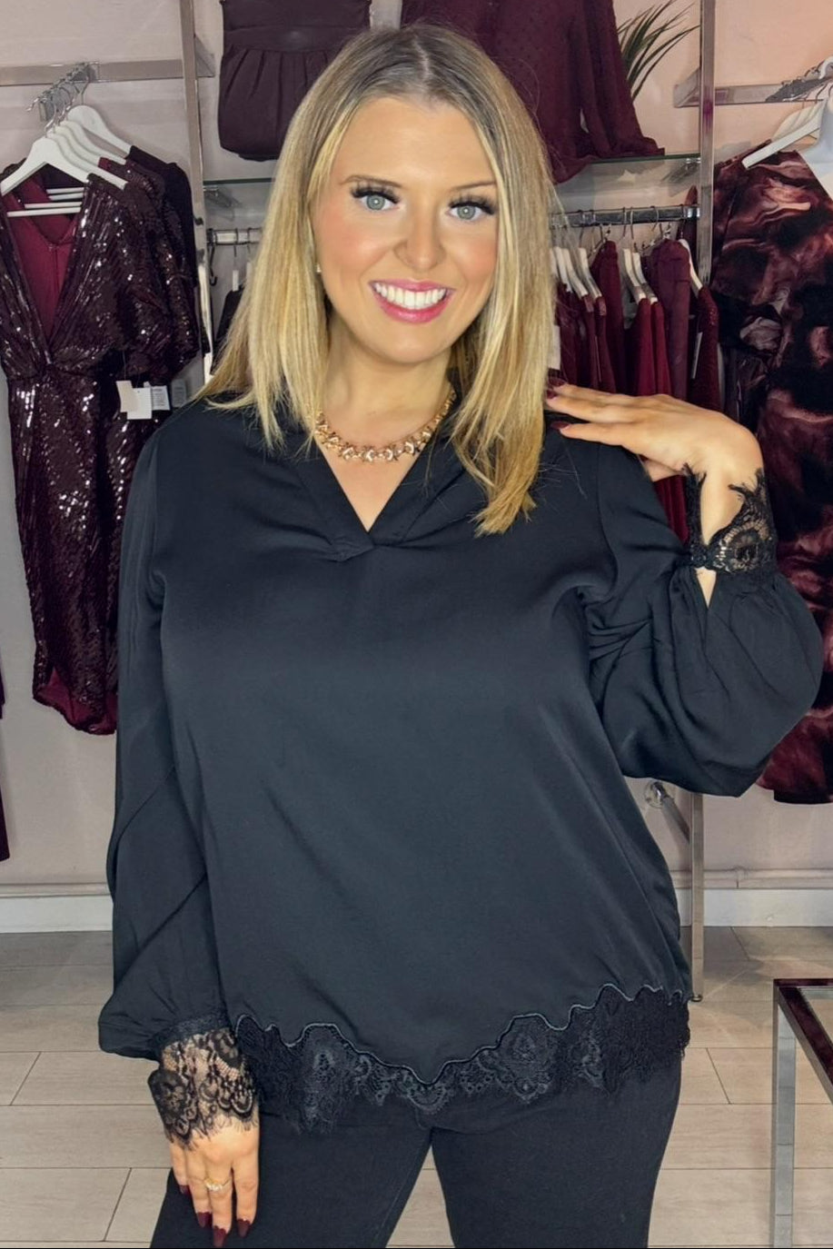 Fransa Black Lace Trim V Neck Blouse