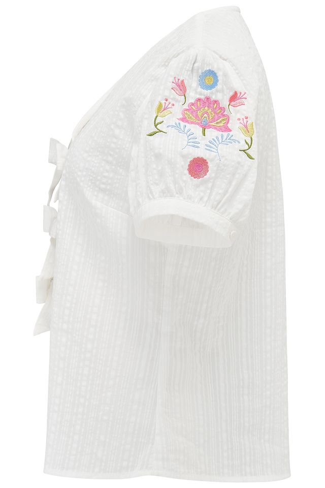 Sugarhill Brighton White Bow & Embroidered Puff Sleeve Top