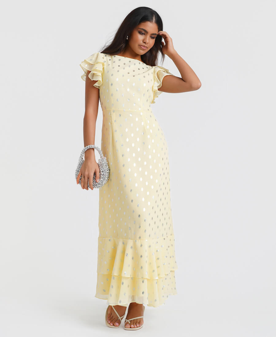Lemon Yellow & Silver Foil Flutter Sleeve Silver Maxi Dress