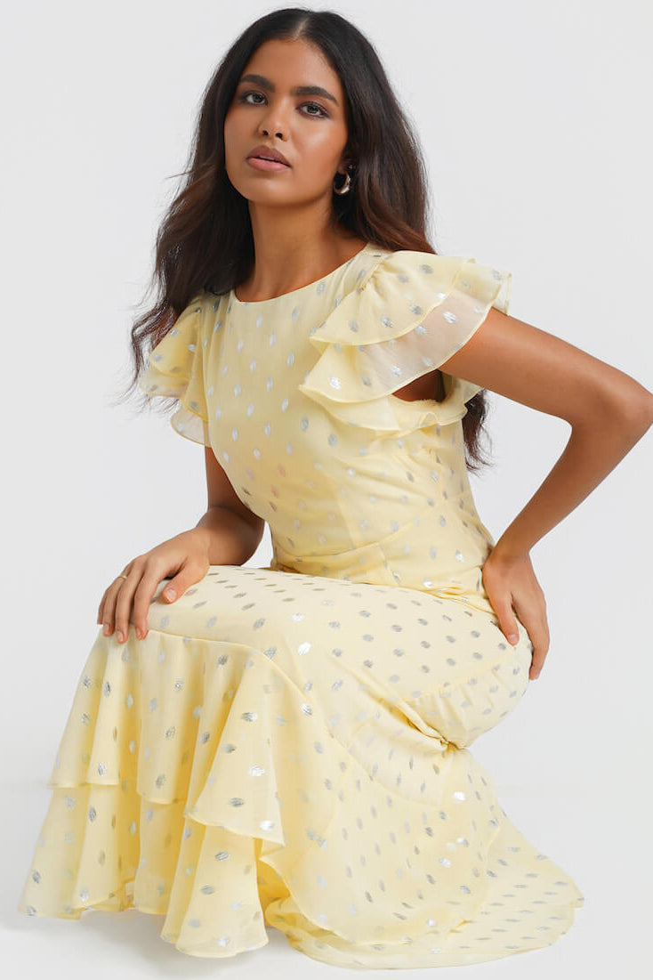 Lemon Yellow & Silver Foil Flutter Sleeve Silver Maxi Dress