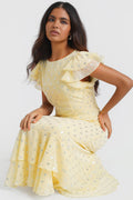 Lemon Yellow & Silver Foil Flutter Sleeve Silver Maxi Dress