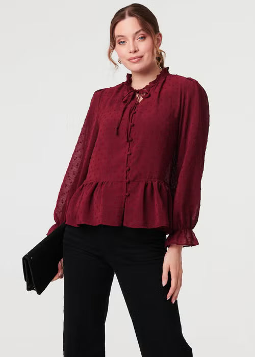 Wine Semi Sheer Textured Ruffled Blouse