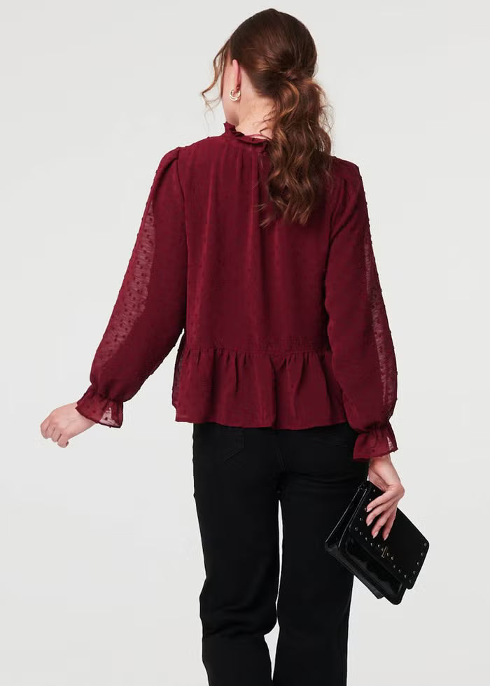 Wine Semi Sheer Textured Ruffled Blouse