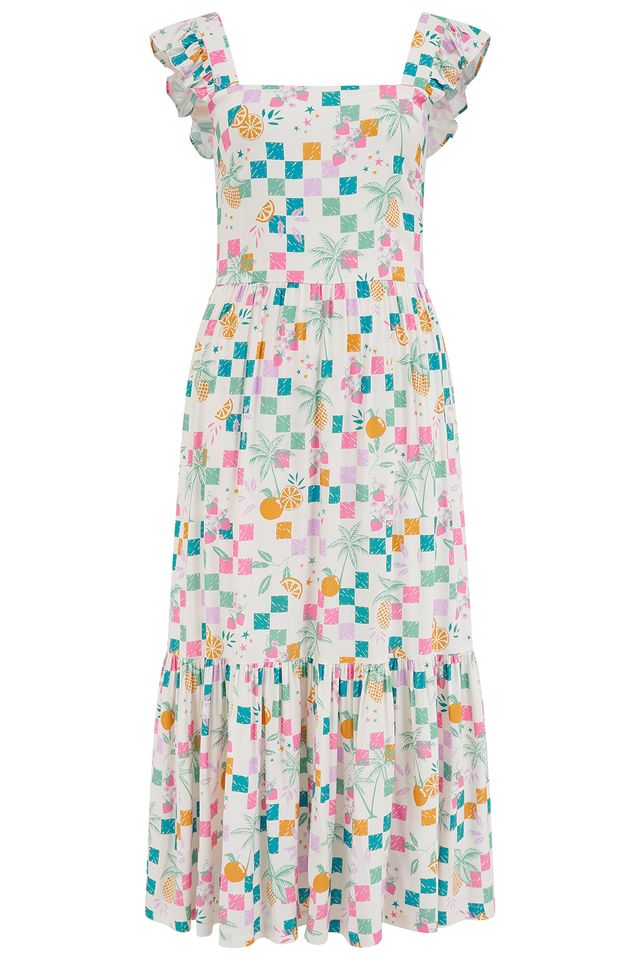Sugarhill Brighton Mixed Checkerboard & Fruit Design Midi Dress