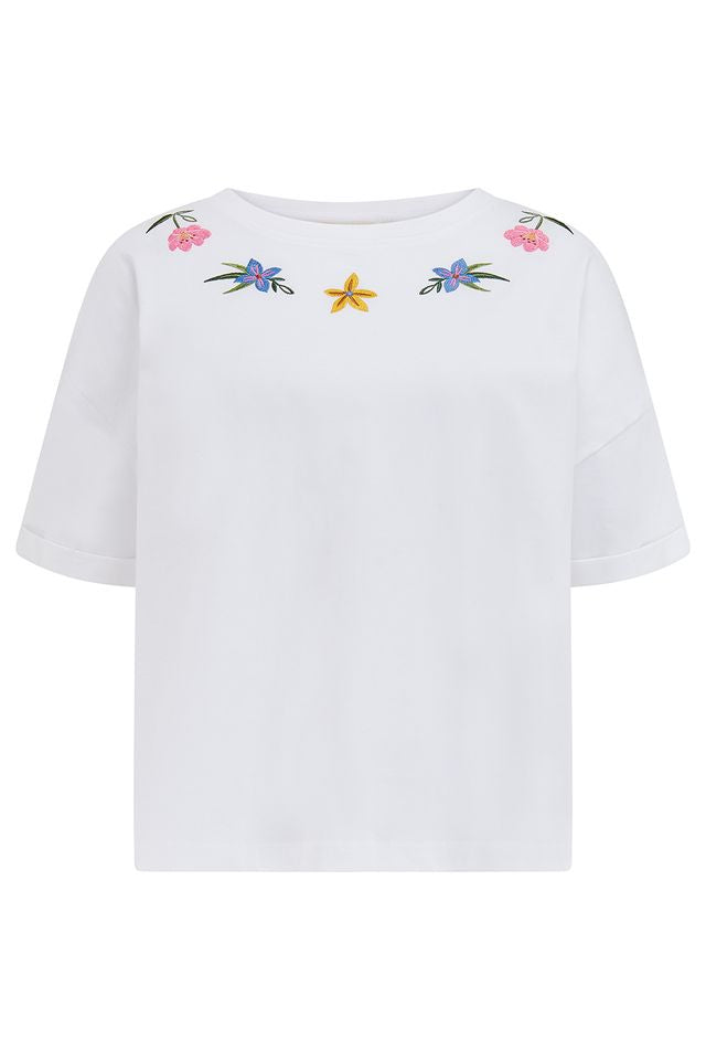 Sugarhill Brighton White & Multi Floral Embroidered Neckline T-Shirt