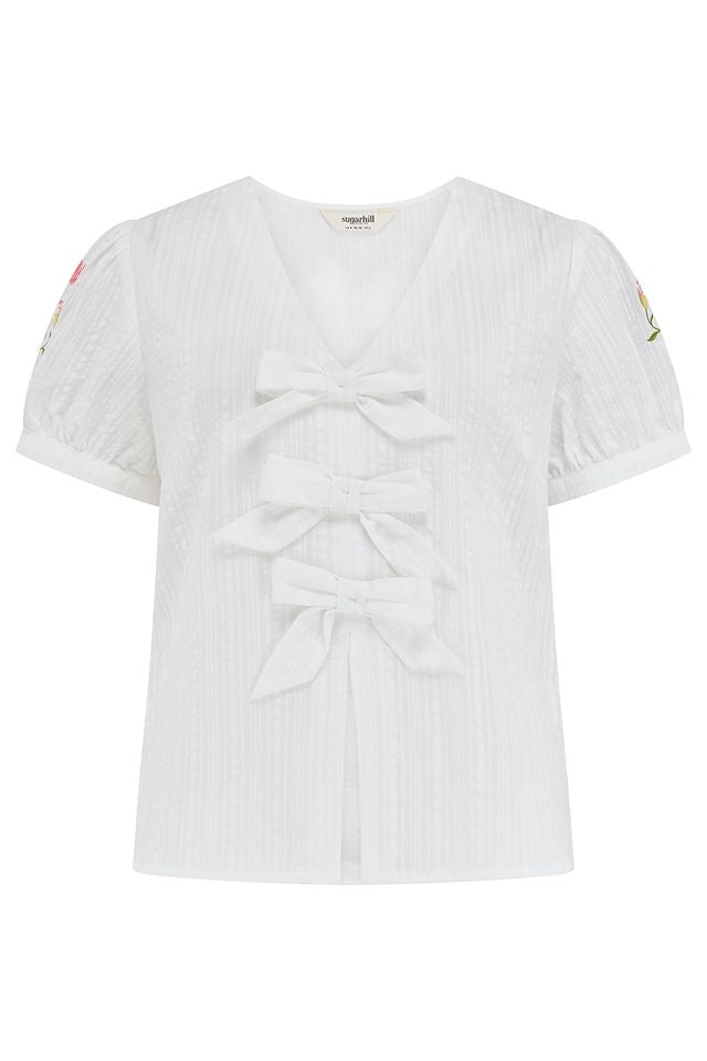 Sugarhill Brighton White Bow & Embroidered Puff Sleeve Top