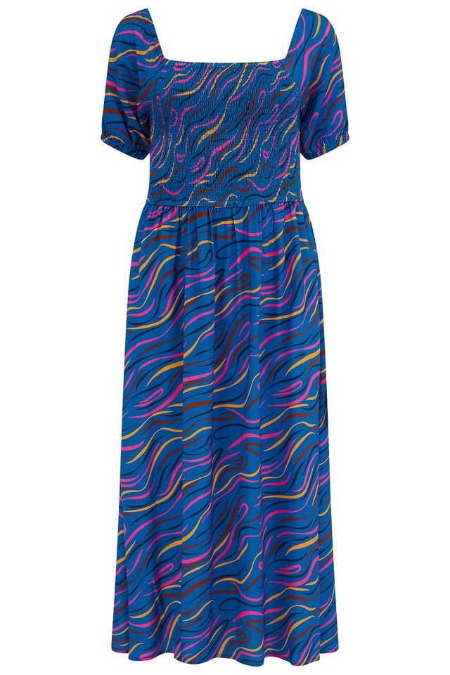 Sugarhill Brighton Mixed Blue & Pink Multi Abstract Shirred Midi Dress